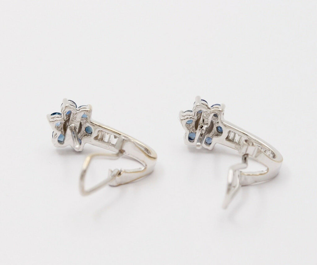Vintage Flower Blue Sapphires Baguette Diamonds 14K White Gold Earrings