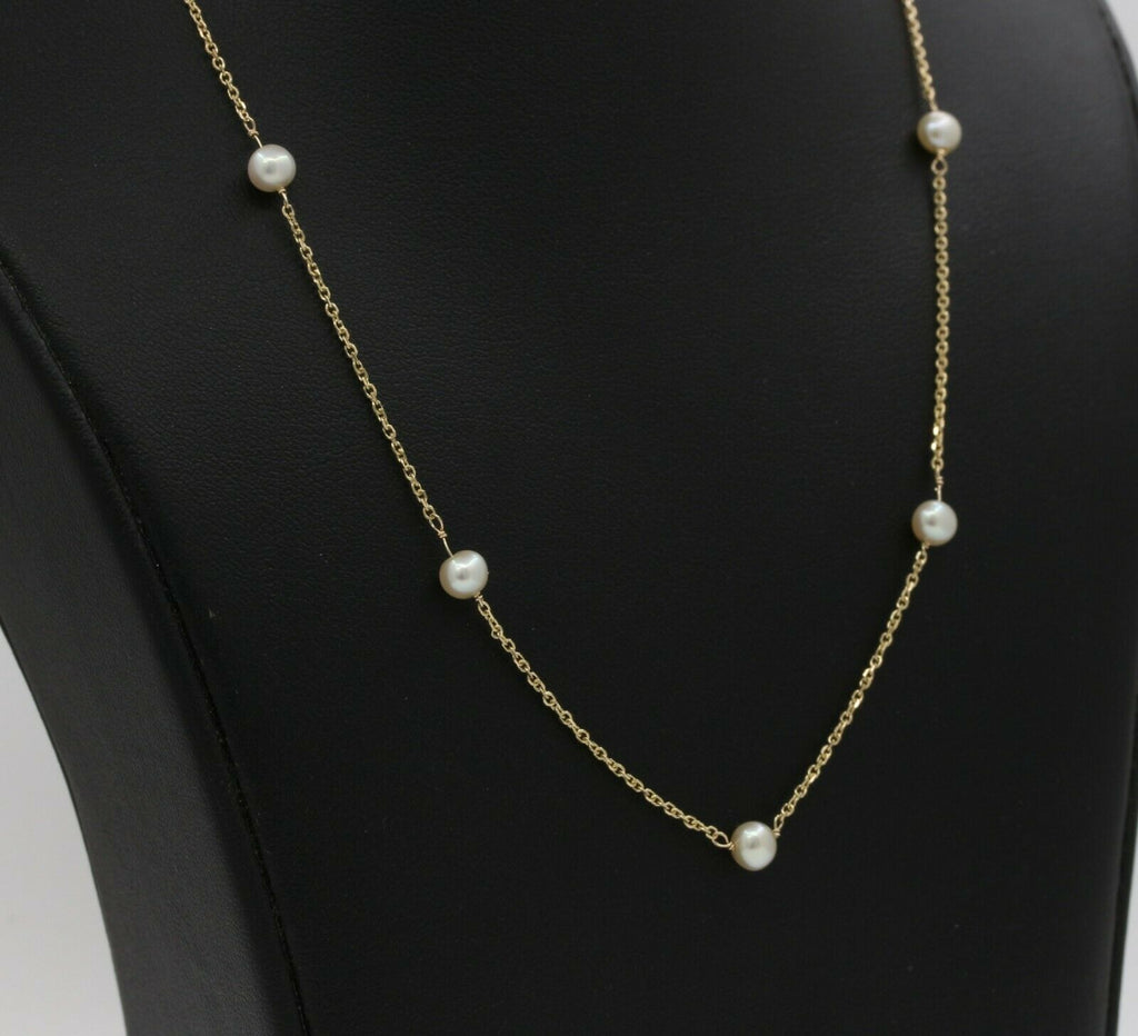 Vintage 14K Yellow Gold Pearl Station Necklace