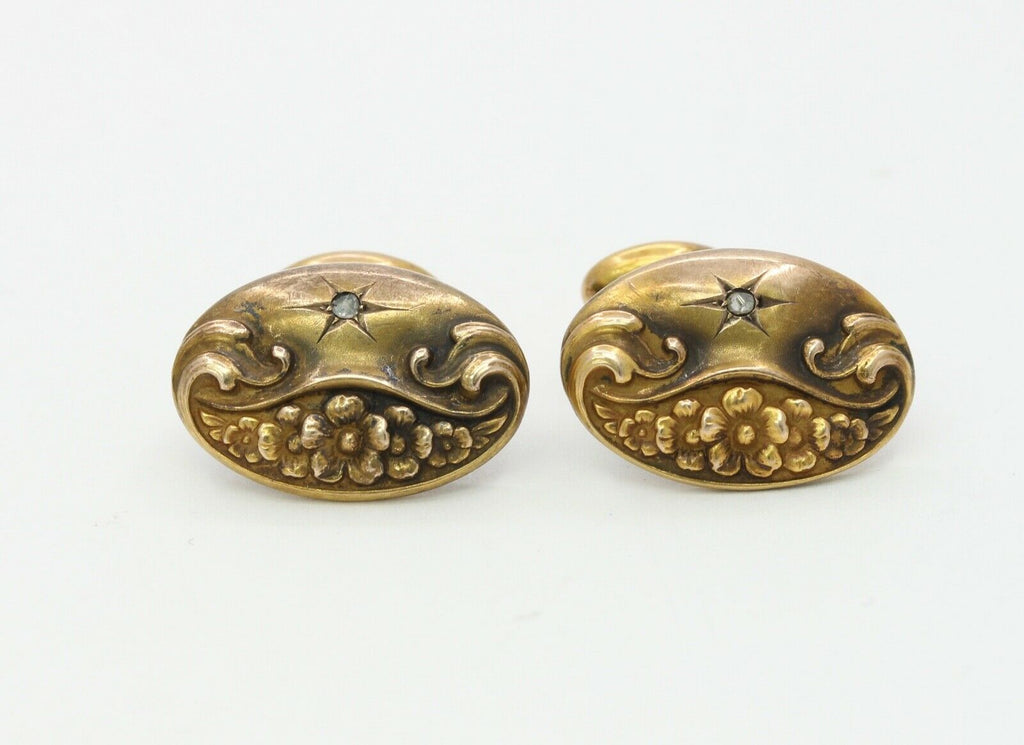 Art Nouveau Men's Cufflinks Diamonds 10K Yellow Gold