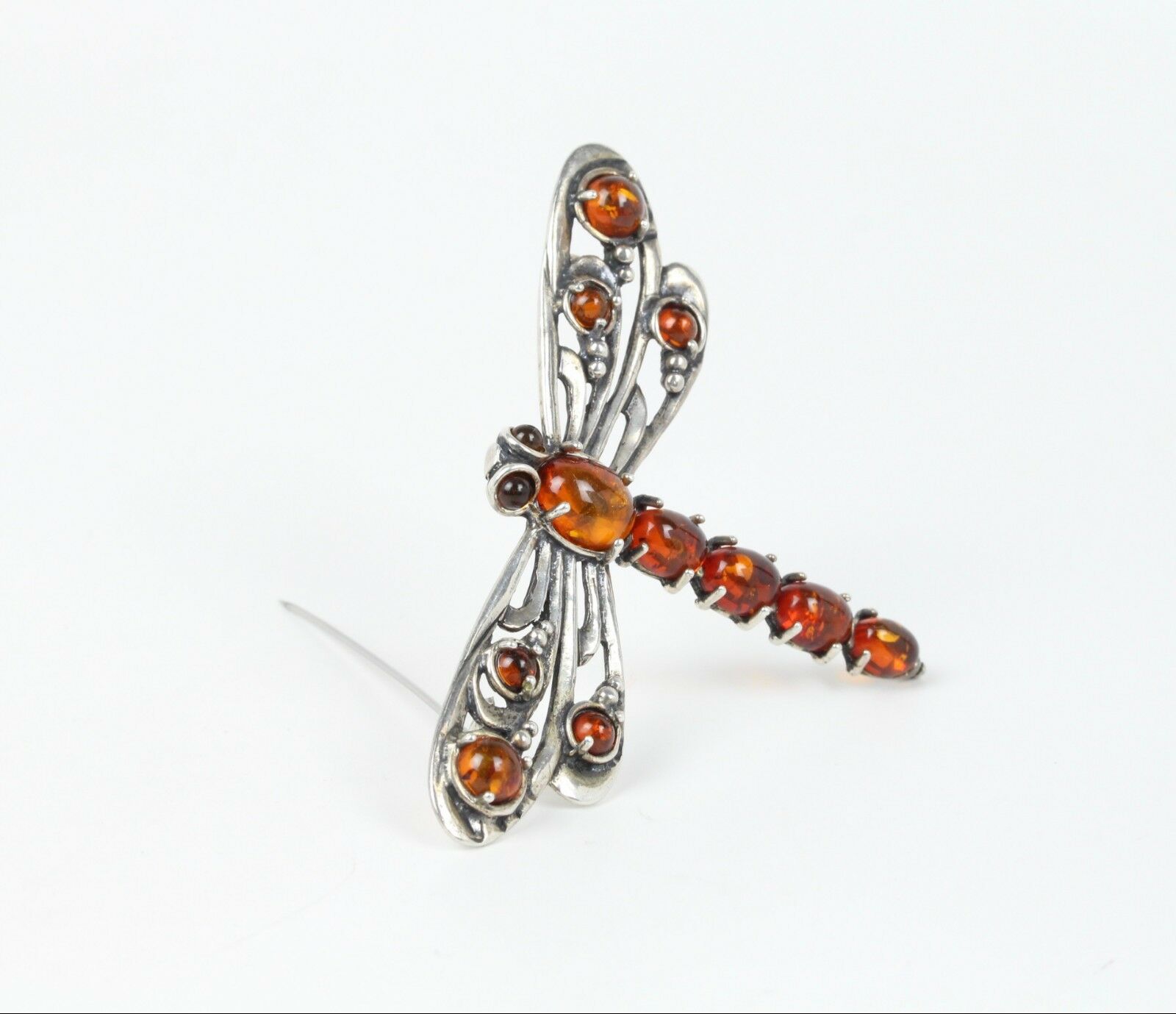 Vintage Dragonfly Amber Sterling Silver Ladies Brooch Pin