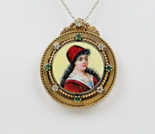 Load image into Gallery viewer, Vintage Victorian Enamel Portrait Pendant Pin Brooch With Diamonds and Emeralds
