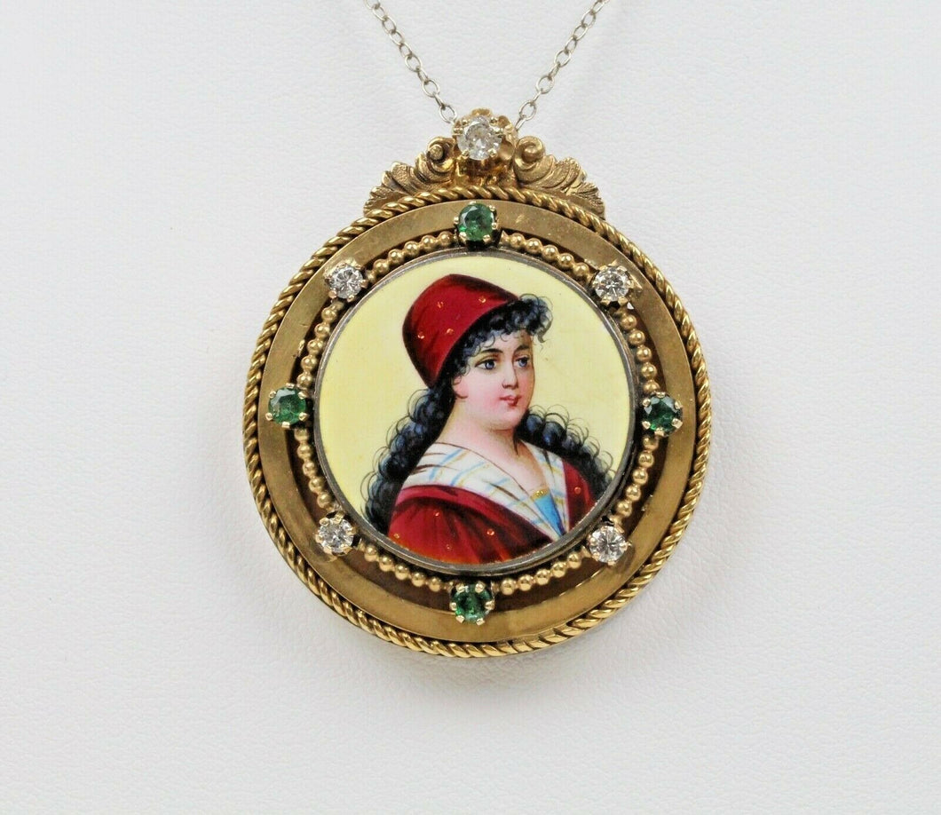 Vintage Victorian Enamel Portrait Pendant Pin Brooch With Diamonds and Emeralds