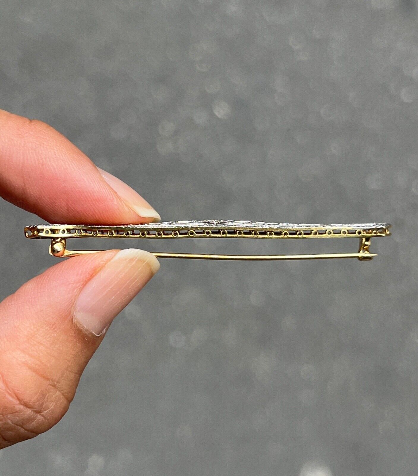 Art Deco Antique 14K Gold Diamond Filigree Bar Pin