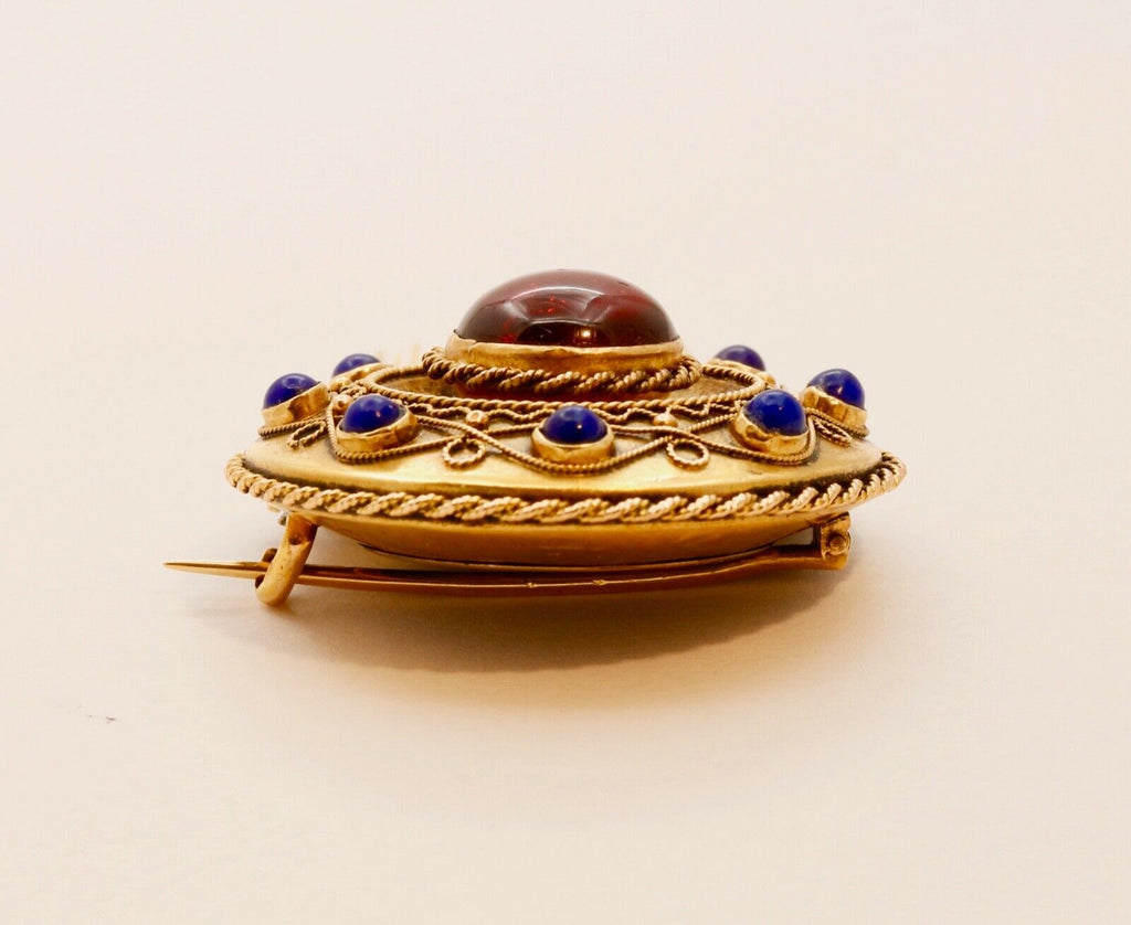 Victorian Memorial Garnet Lapis Lazuli 14K Yellow Gold Brooch Pin