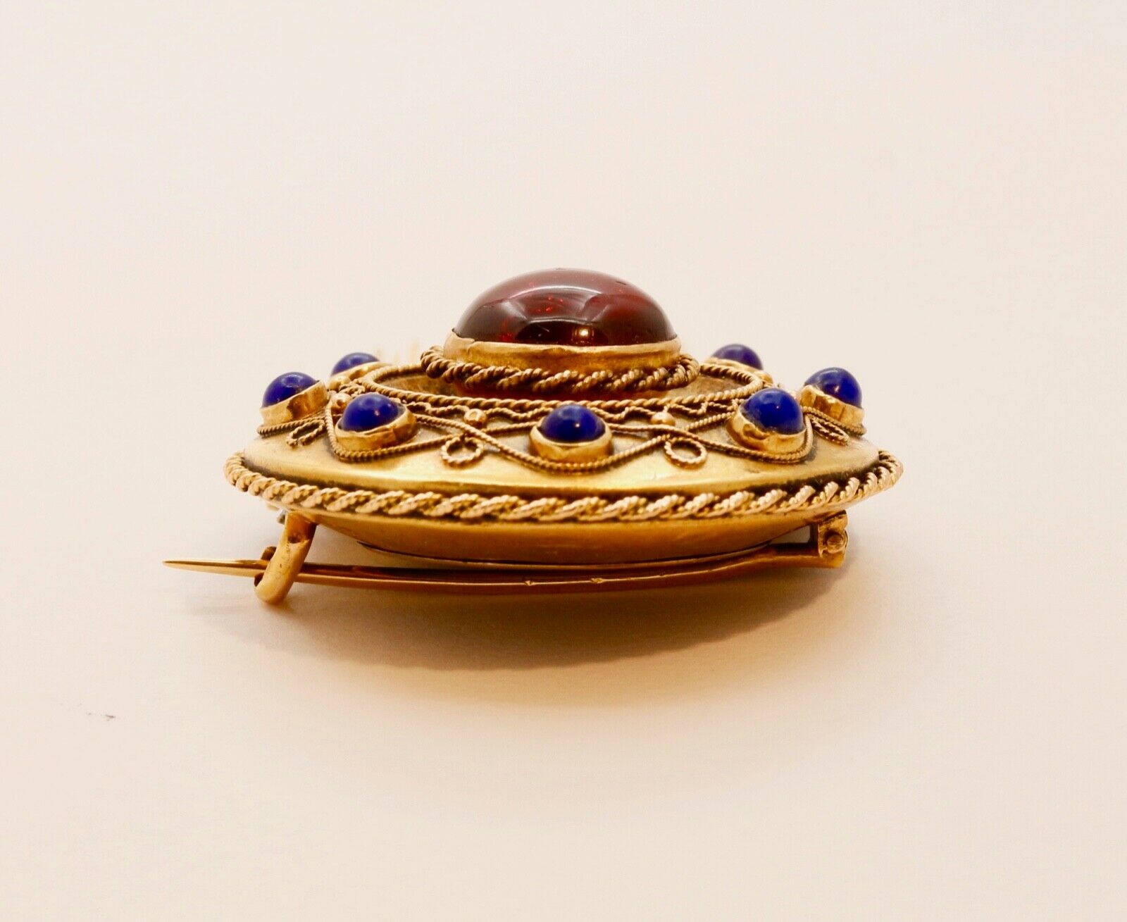 Victorian Memorial Garnet Lapis Lazuli 14K Yellow Gold Brooch Pin