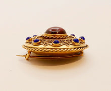 Load image into Gallery viewer, Victorian Memorial Garnet Lapis Lazuli 14K Yellow Gold Brooch Pin
