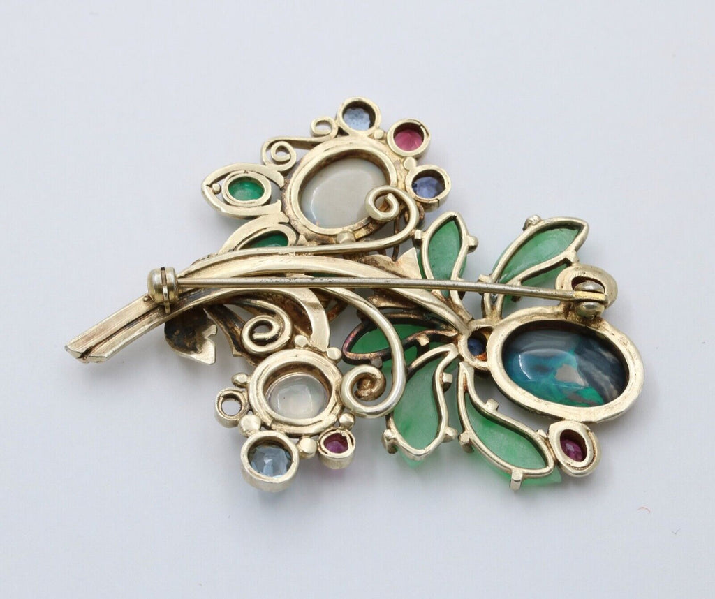 Antique Silver Art & Craft Opal & Jade Flower Brooch.