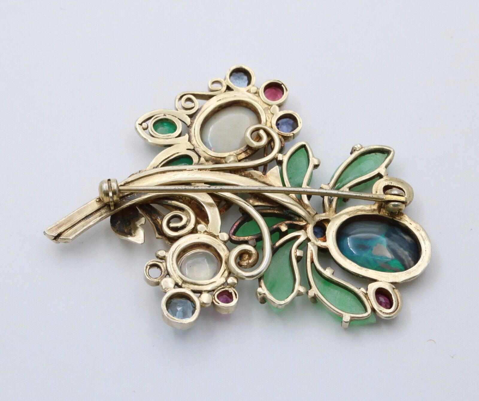 Antique Silver Art & Craft Opal & Jade Flower Brooch.