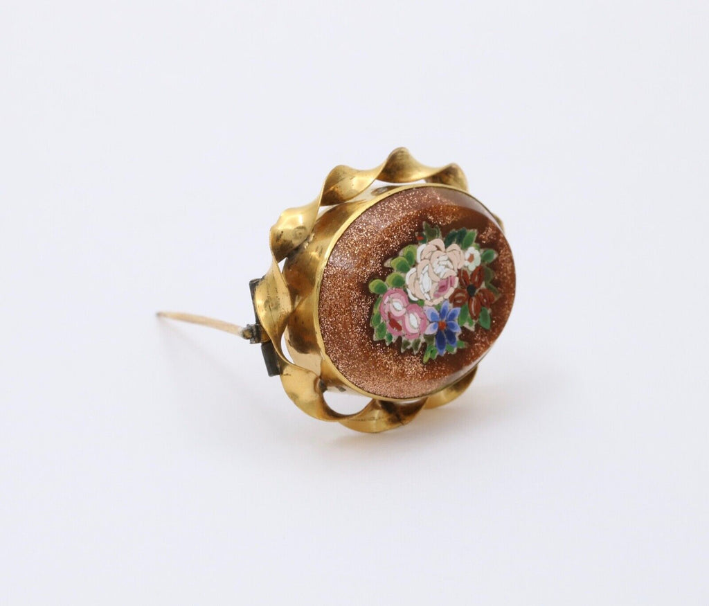 Antique 10K Gold Filled Bloodstone Pietra Dura Micro Mosaic Brooch, Pin.