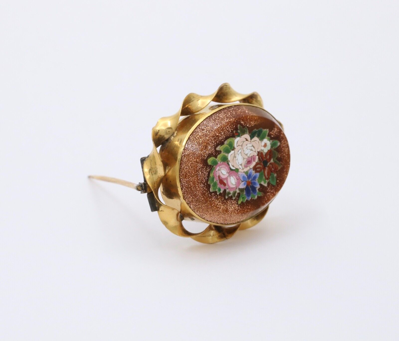 Antique 10K Gold Filled Bloodstone Pietra Dura Micro Mosaic Brooch, Pin.