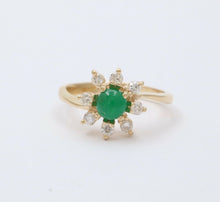 Load image into Gallery viewer, Vintage 14K Yellow Gold Emerald and Diamond Floral Ring, Engagement Ring
