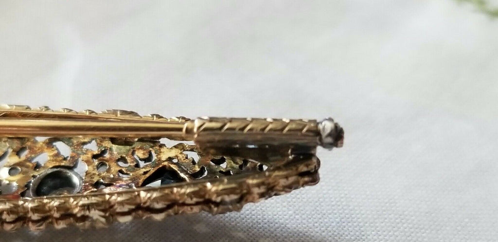 Edwardian 18K Yellow Gold Sterling Silver Diamonds Sapphires Brooch Pin