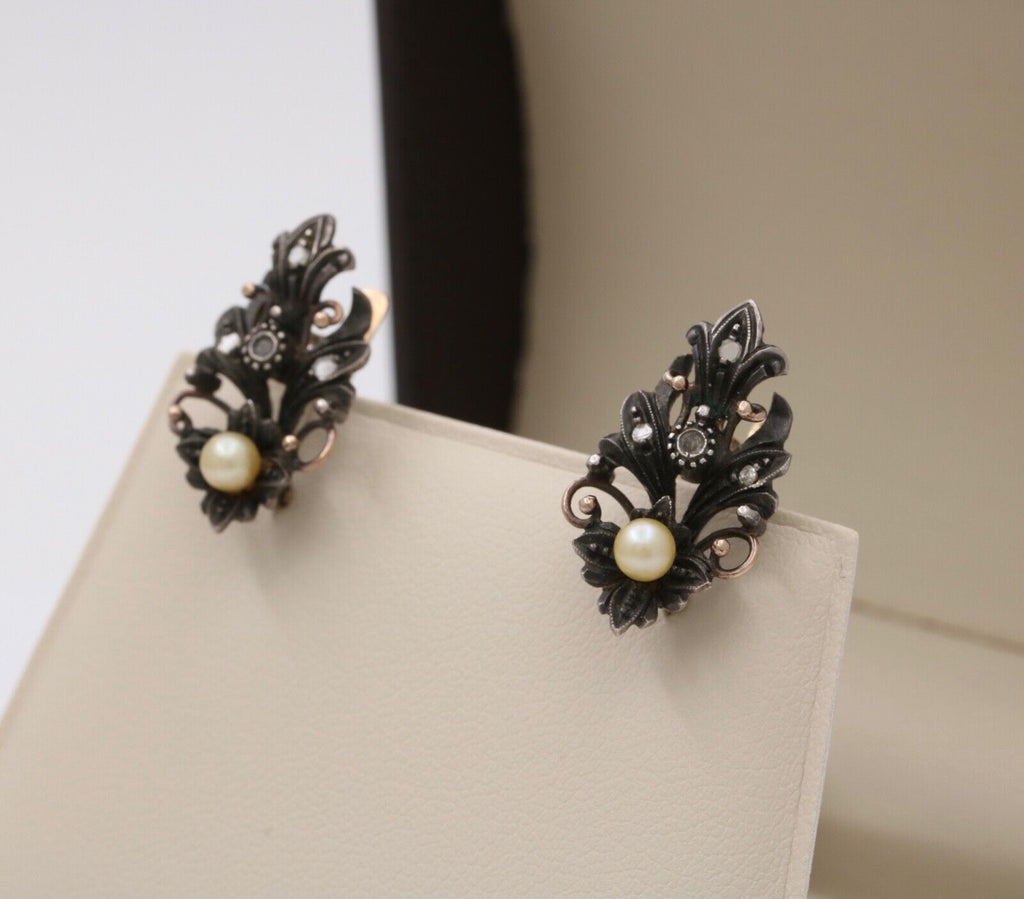 Victorian 10K Gold Diamond And Pearl Earrings