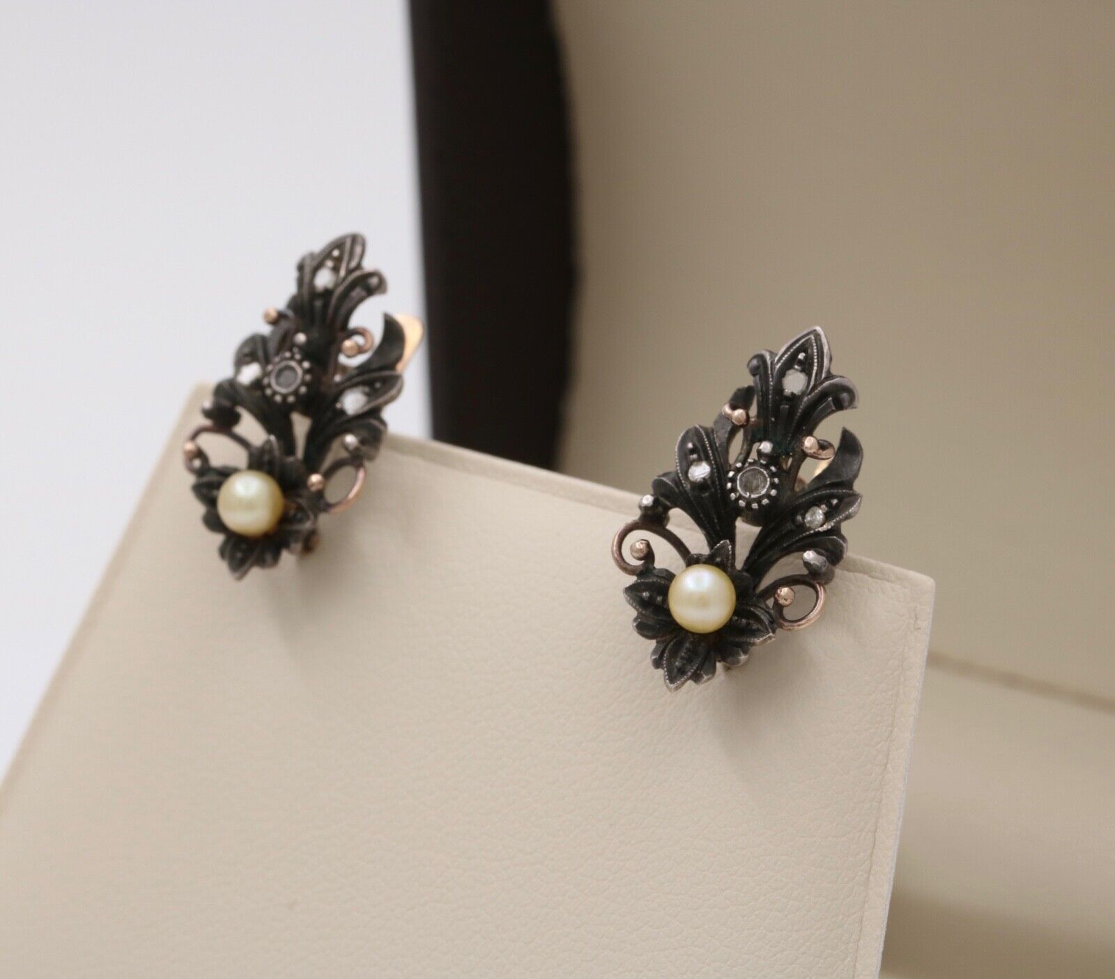 Victorian 10K Gold Diamond And Pearl Earrings
