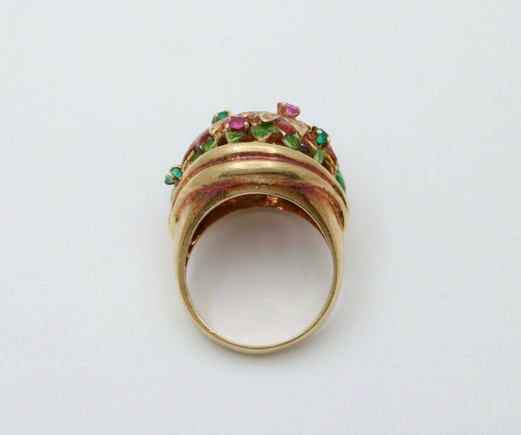 Vintage 14K Yellow Gold Pink Tourmaline, Green Chalcedony and Sapphire Dome Flow