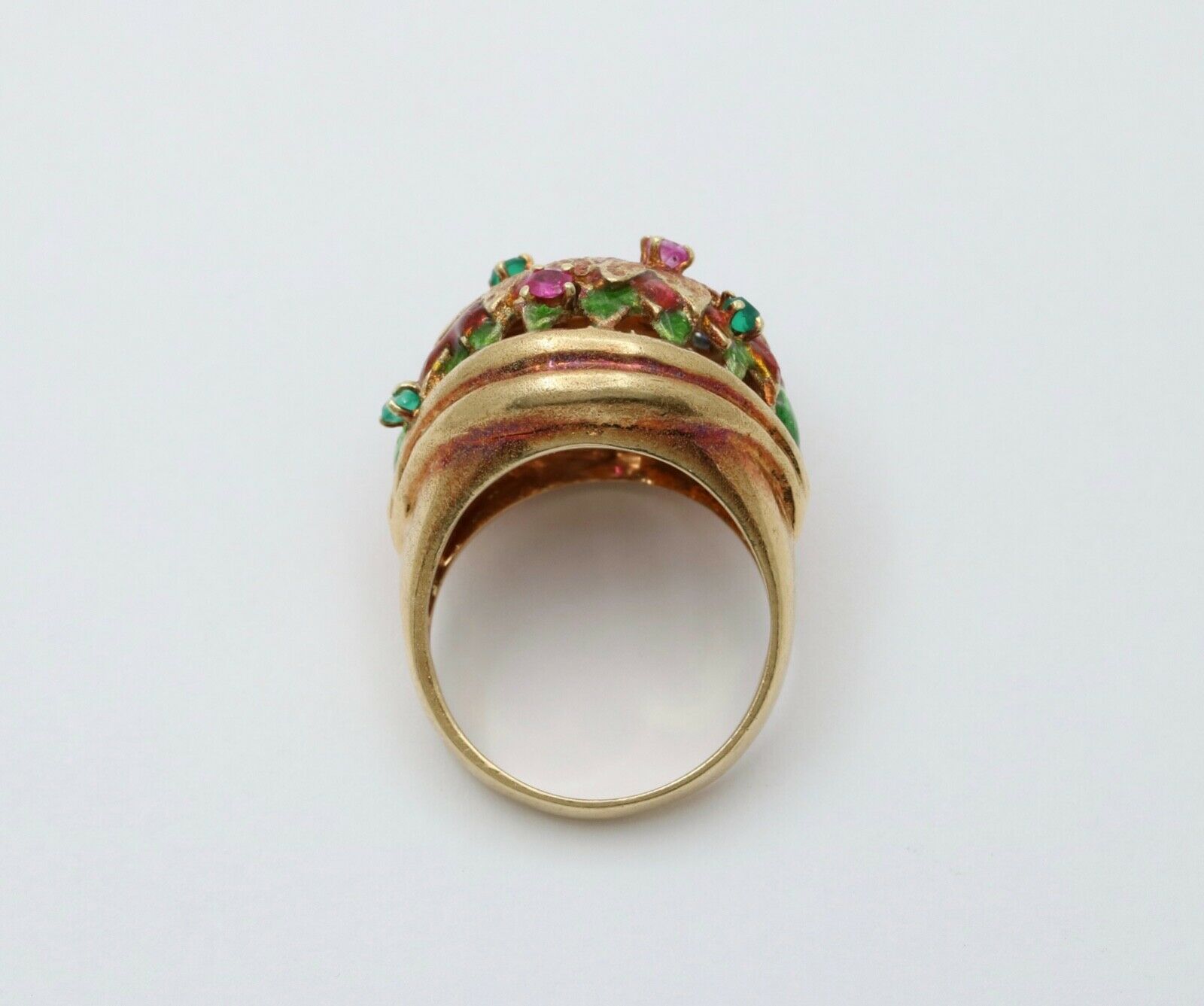 Vintage 14K Yellow Gold Pink Tourmaline, Green Chalcedony and Sapphire Dome Flow