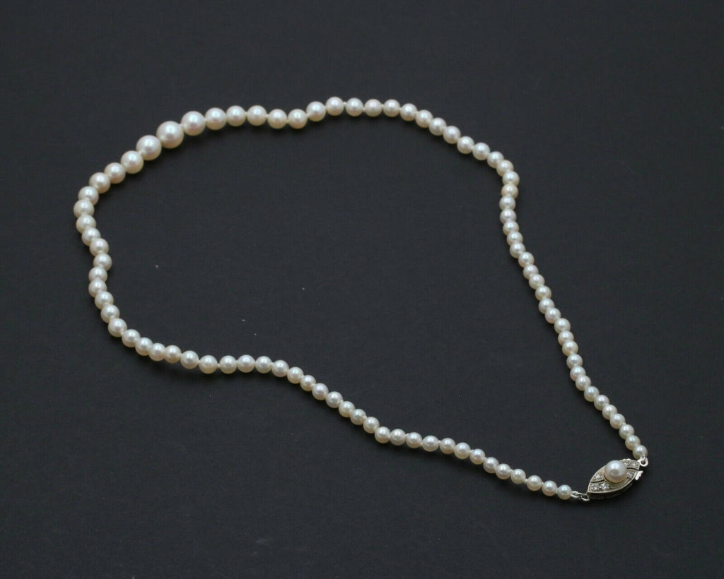 Art Deco Akoya Cultured Pearls Diamonds 14K White Gold Necklace