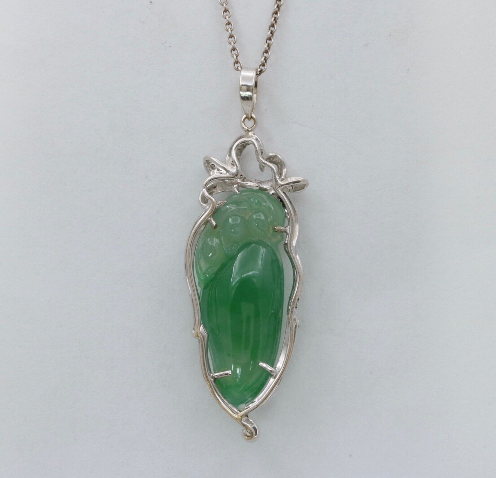 Vintage Watery Jadeite Jade Diamonds 18K White Gold Pendant