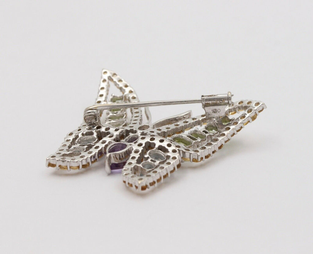 Vintage Butterfly Multi Color Stones in 18K White Gold Brooch
