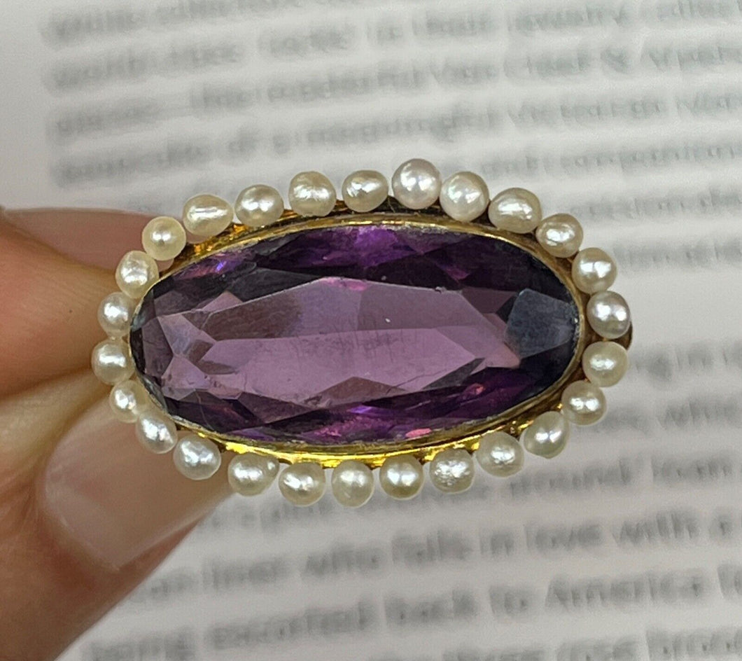 Antique Victorian 10K Yellow Gold Amethyst & Pearl Brooch Pin.