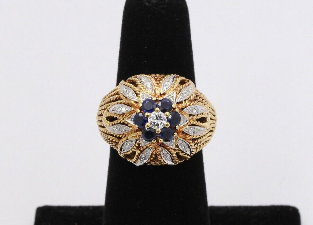Italian Vintage High Dome Cluster Ring Sapphires Diamonds 18K YG WG Ring
