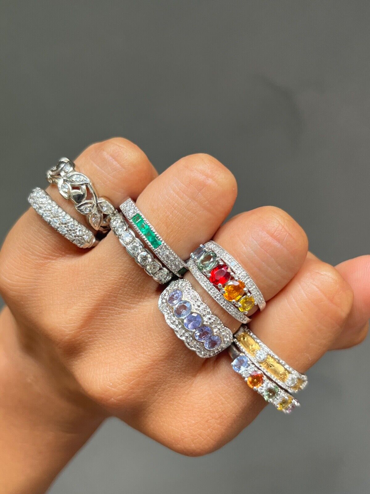 Gorgeous 14K White Gold Emerald & Diamond Half Eternity Ring Band, Wedding Band.