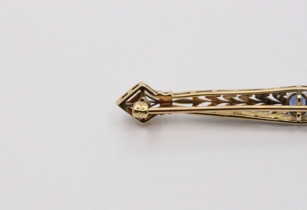 Art Deco Krementz 14K White & Yellow Gold Sapphire Filigree Bar Pin