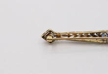 Load image into Gallery viewer, Art Deco Krementz Sapphire 14K White Yellow Gold Brooch Pin
