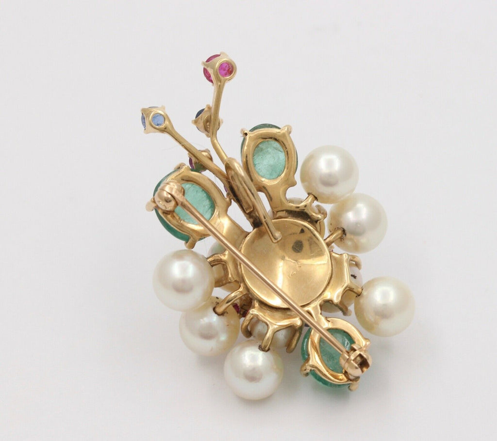 Vintage Cluster 14K YG Emeralds Sapphires Rubies Pearls Brooch Pendant