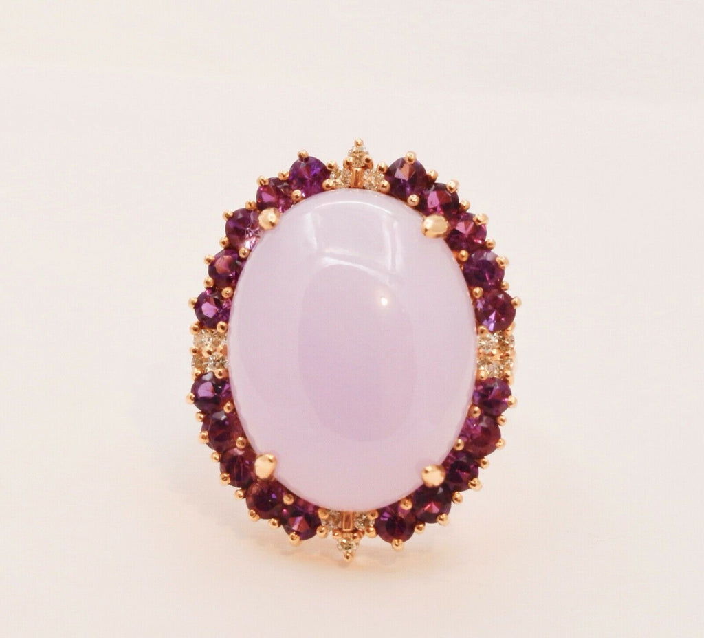 Vintage Statement Lavender Jade Amethyst Diamonds 14K Yellow Gold Ring