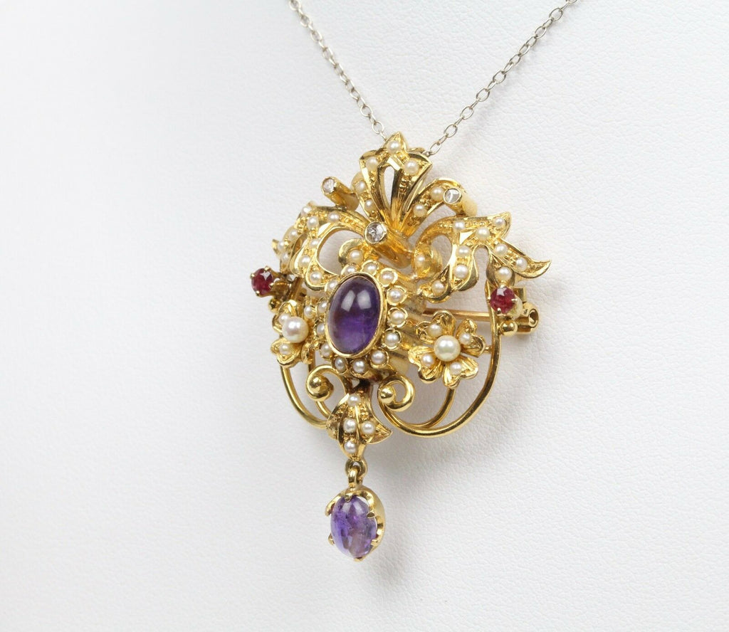 Victorian Ladies Brooch Pin Pendant Rubies Tourmaline Seed Pearls Amethyst