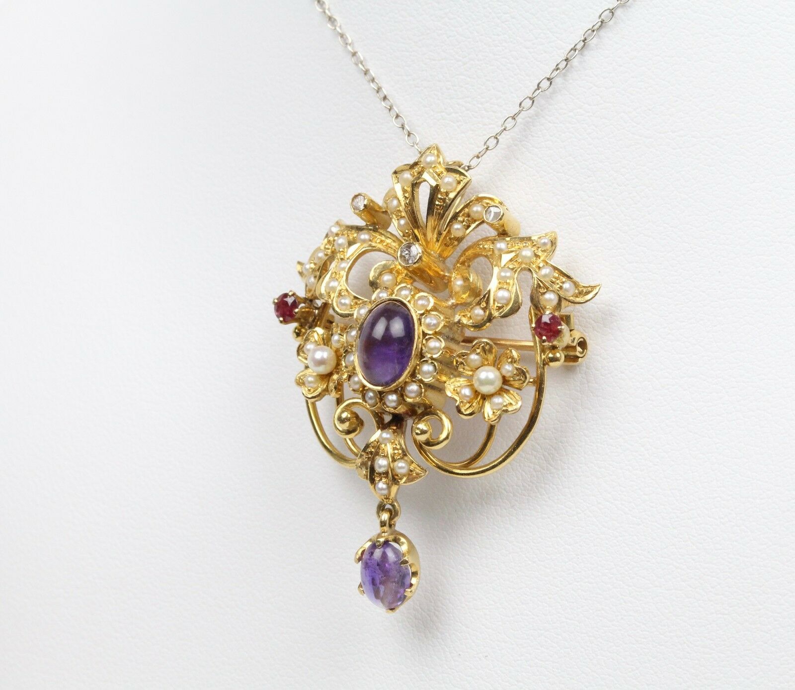 Victorian Ladies Brooch Pin Pendant Rubies Tourmaline Seed Pearls Amethyst