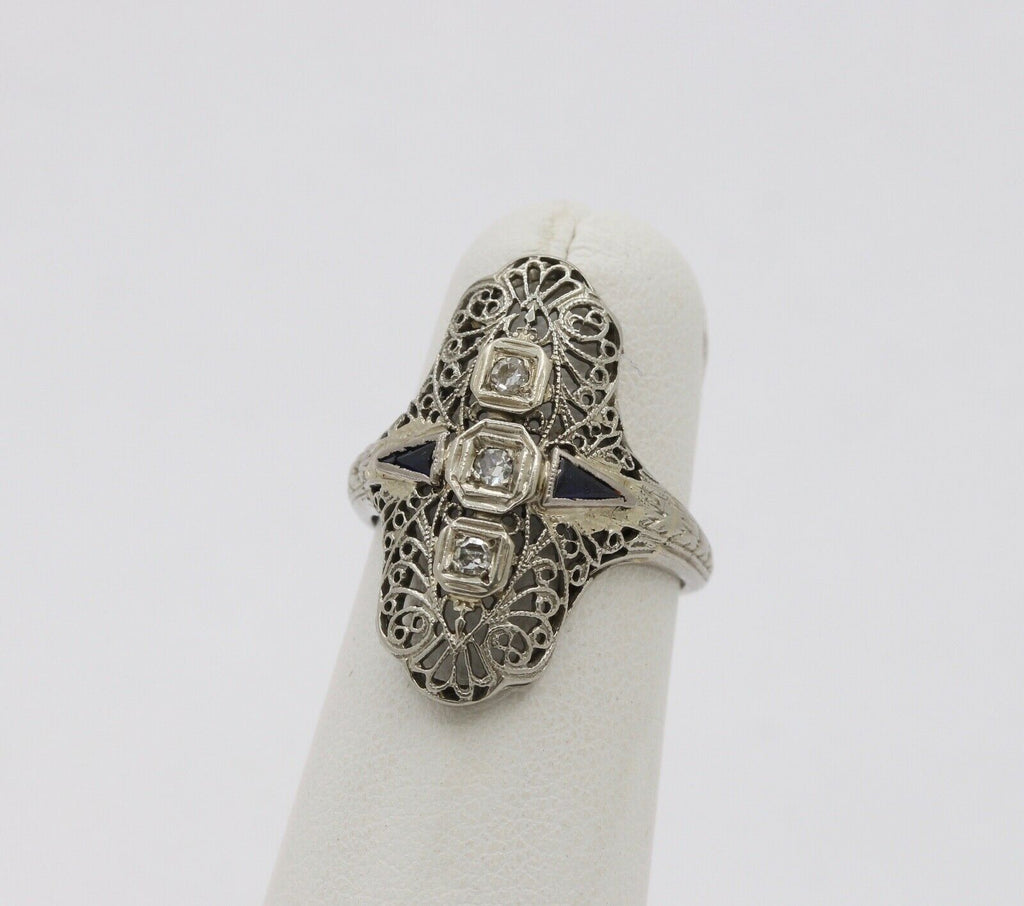 Art Deco 18K White Gold Diamonds Sapphires Ring