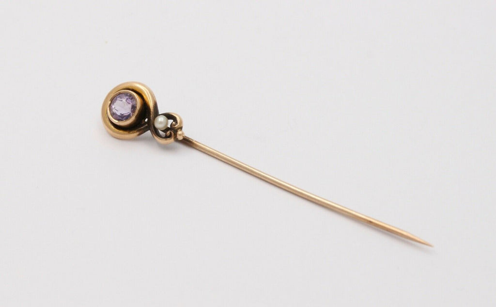 Victorian 14K Yellow Gold Amethyst Pearl Stick Pin