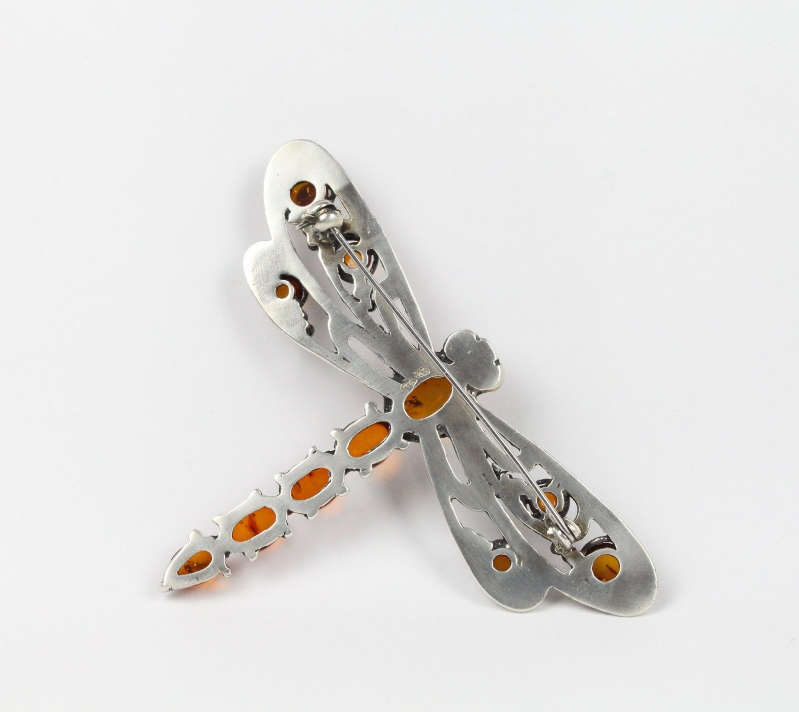 Vintage Dragonfly Amber Sterling Silver Ladies Brooch Pin