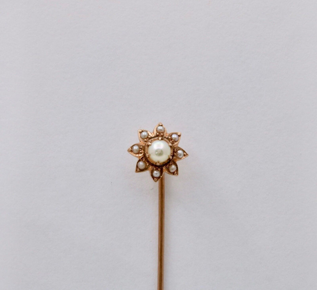 Antique 14K Yellow Gold Pearls Flower Stick Pin
