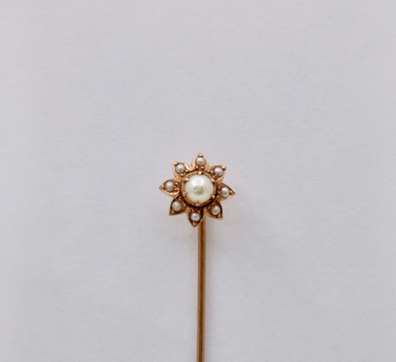 Antique 14K Yellow Gold Pearls Flower Stick Pin