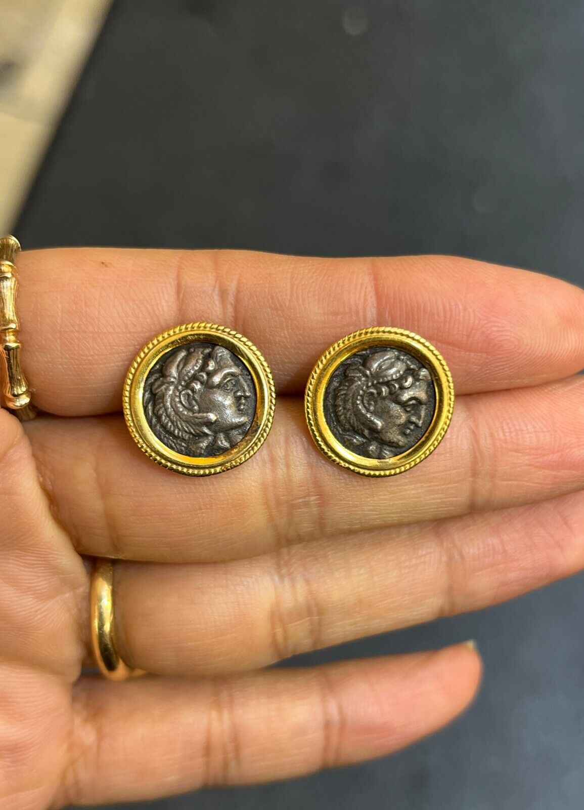 Vintage 14k Yellow Gold Ancient coin Alexander III 'the Great', Posthumous Studs