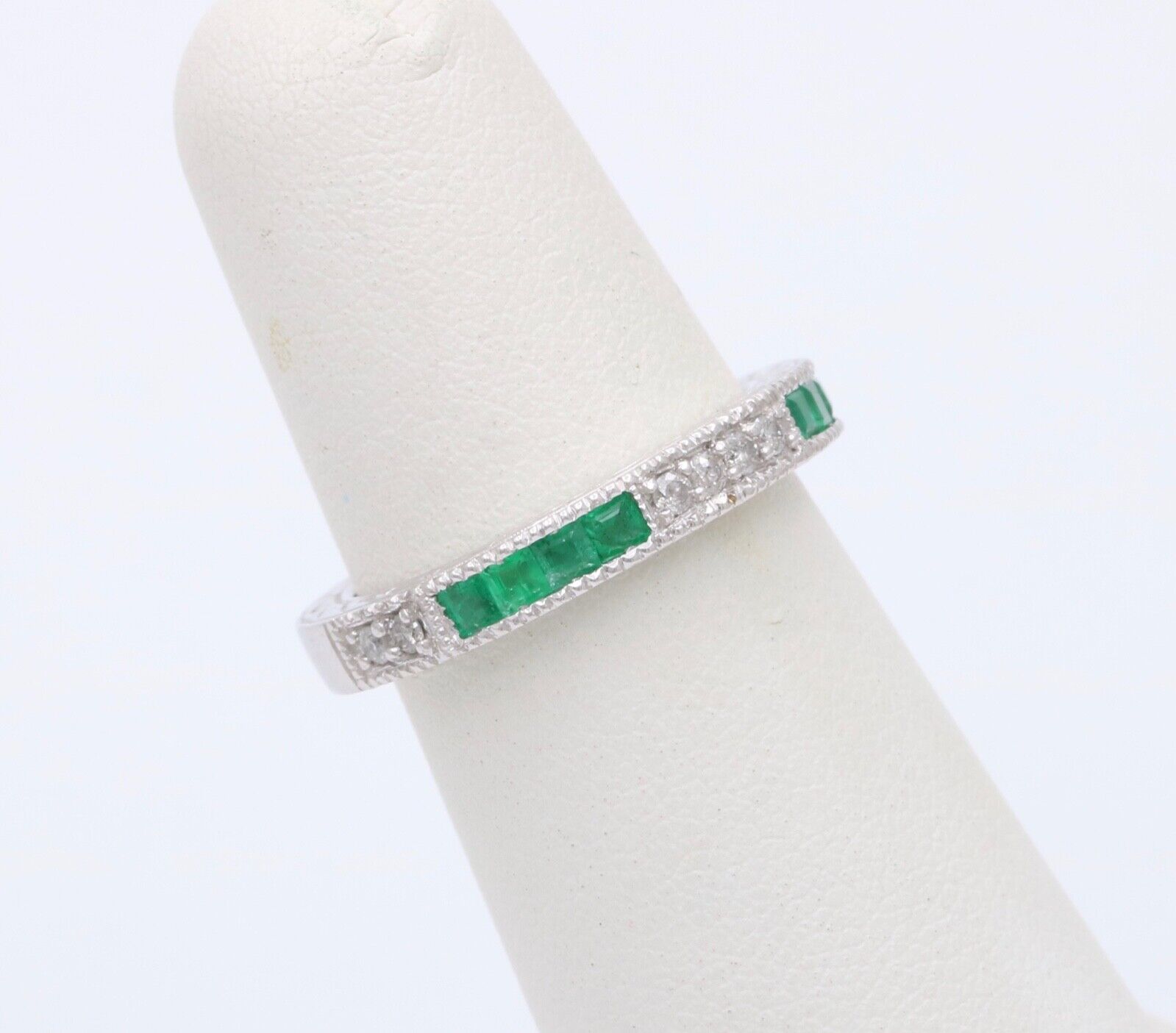 Gorgeous 14K White Gold Emerald & Diamond Half Eternity Ring Band, Wedding Band.
