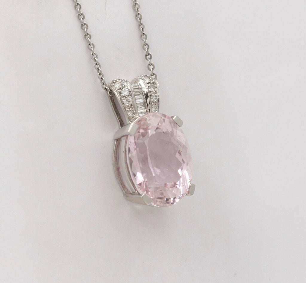 Vintage Pink Cushion Cut 23 carats Kunzite And Diamonds 14K White Gold Pendant