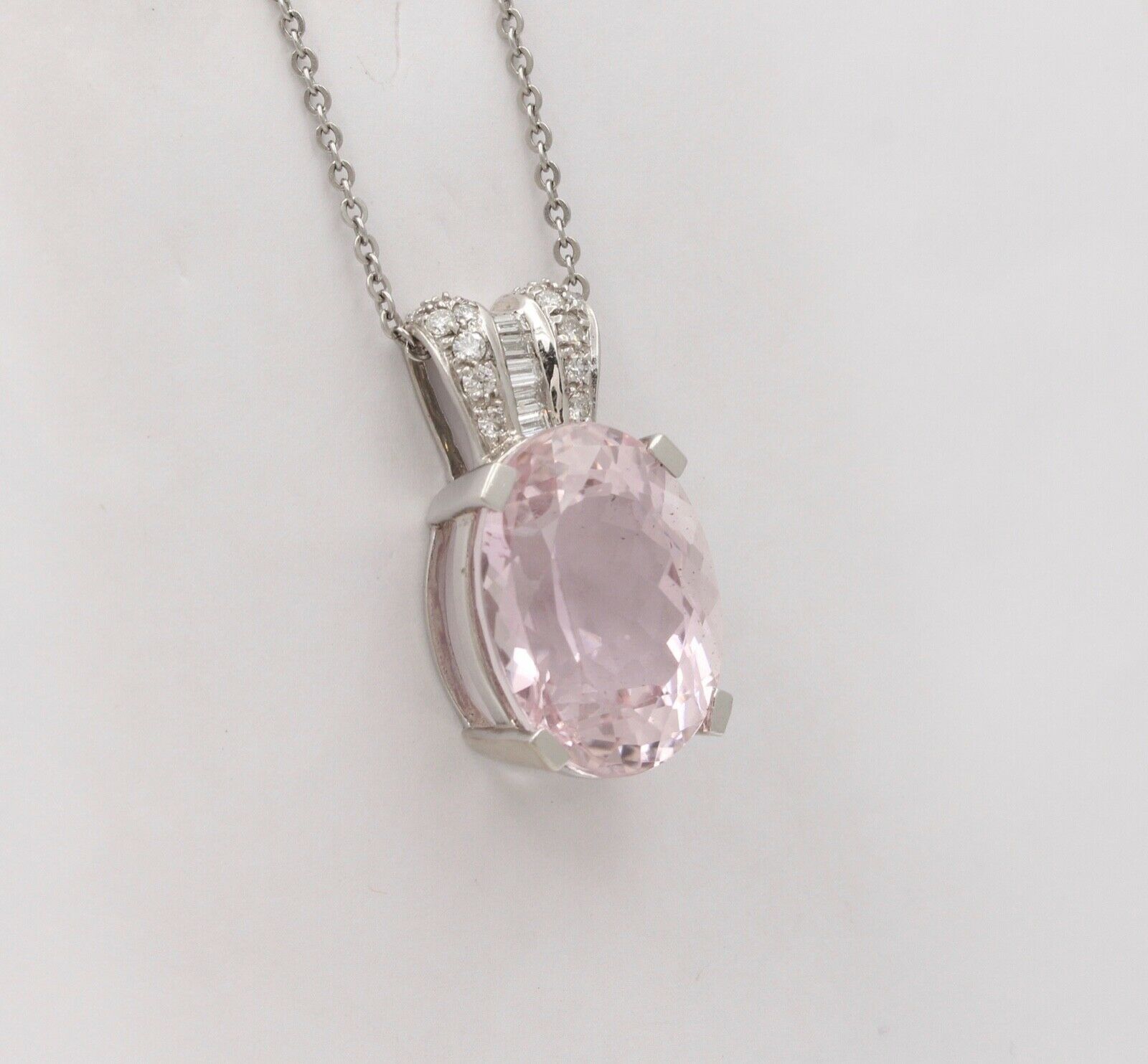 Vintage Pink Cushion Cut 23 carats Kunzite And Diamonds 14K White Gold Pendant