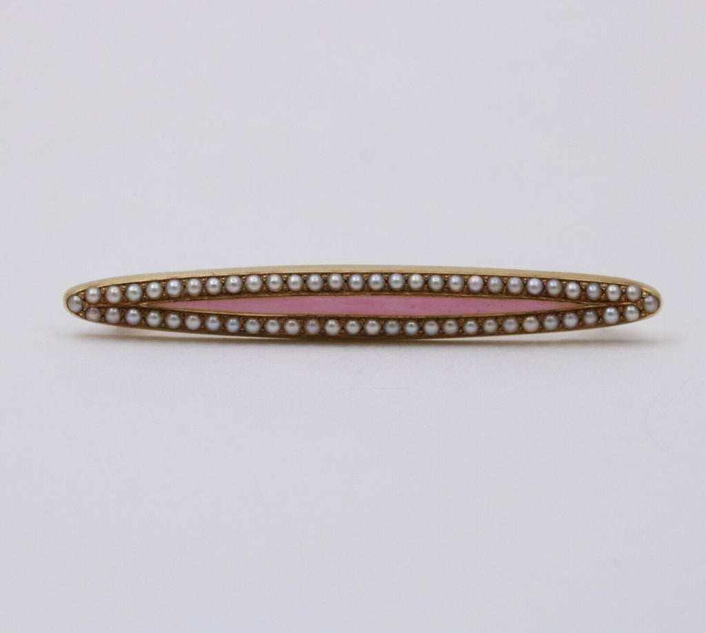 Victorian Pink Enamel Seed Pearls 14K YG Bar Brooch Pin
