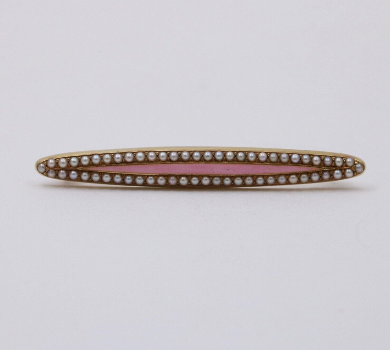 Victorian Pink Enamel Seed Pearls 14K YG Bar Brooch Pin