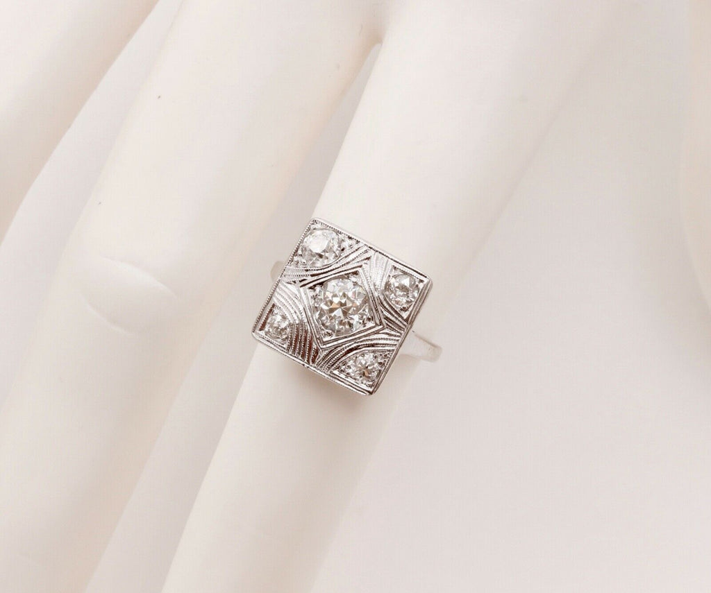 Art Deco Geometric Rope Filagree Diamonds 14K White Gold Ring