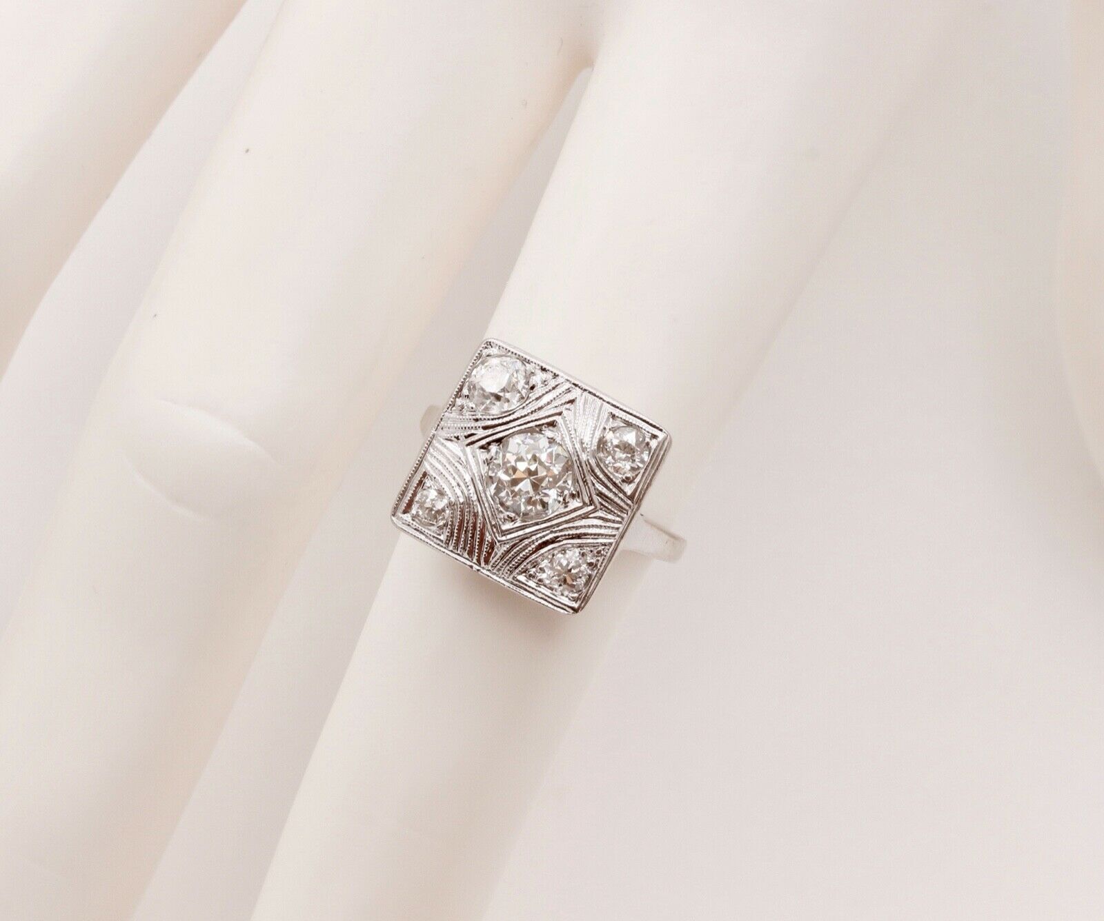 Art Deco Geometric Rope Filagree Diamonds 14K White Gold Ring