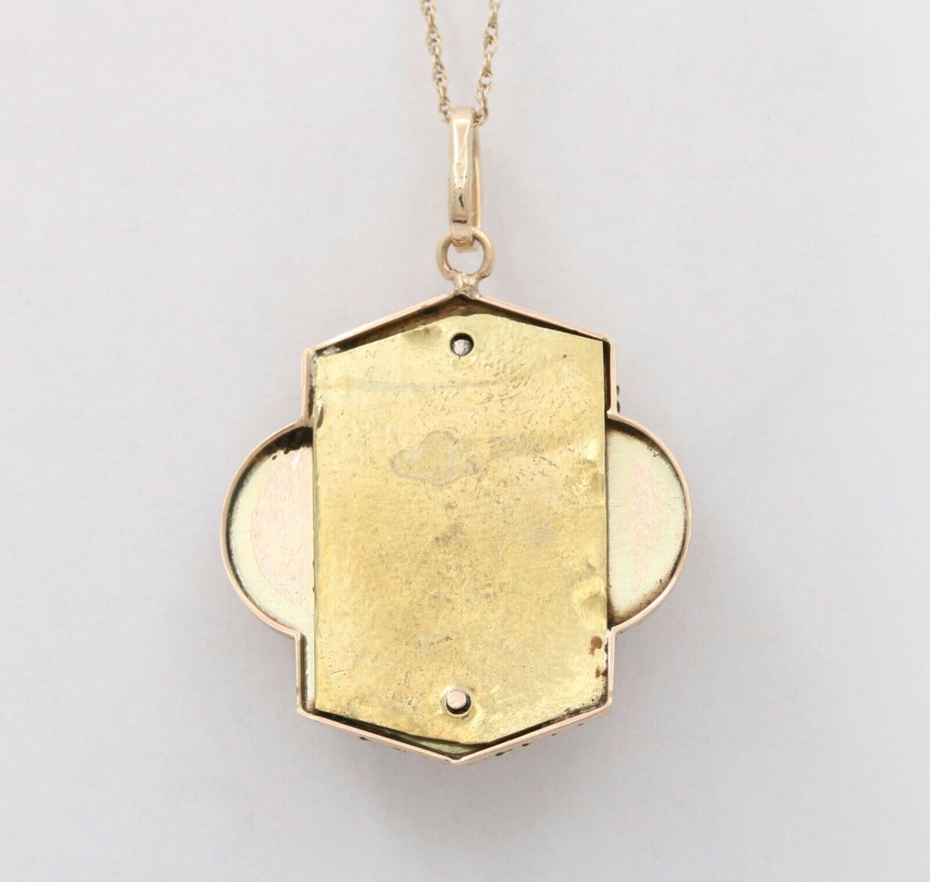 Victorian Coral Portrait Seed Pearls Enamel 14K Yellow Gold Pendant