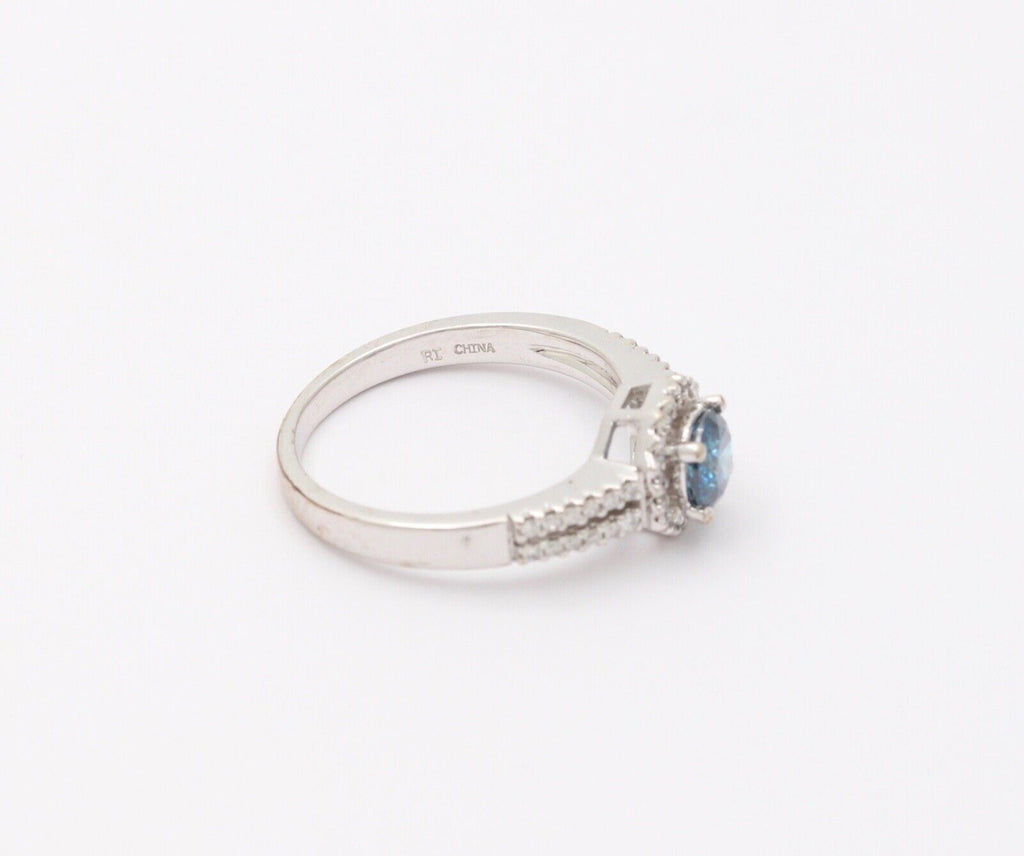 Vintage 14K White Gold Blue Topaz Diamond Halo Ring, Engagement Rig