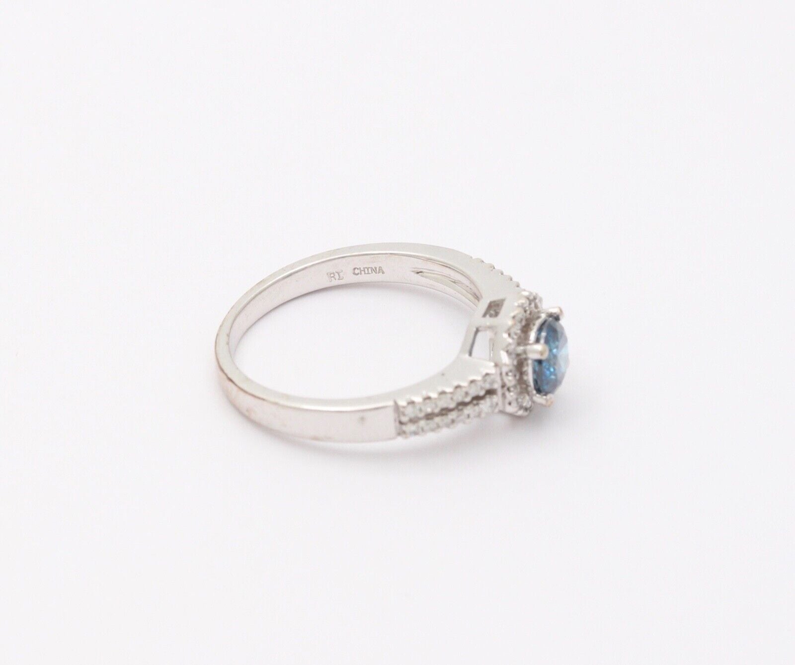 Vintage 14K White Gold Blue Topaz Diamond Halo Ring, Engagement Rig