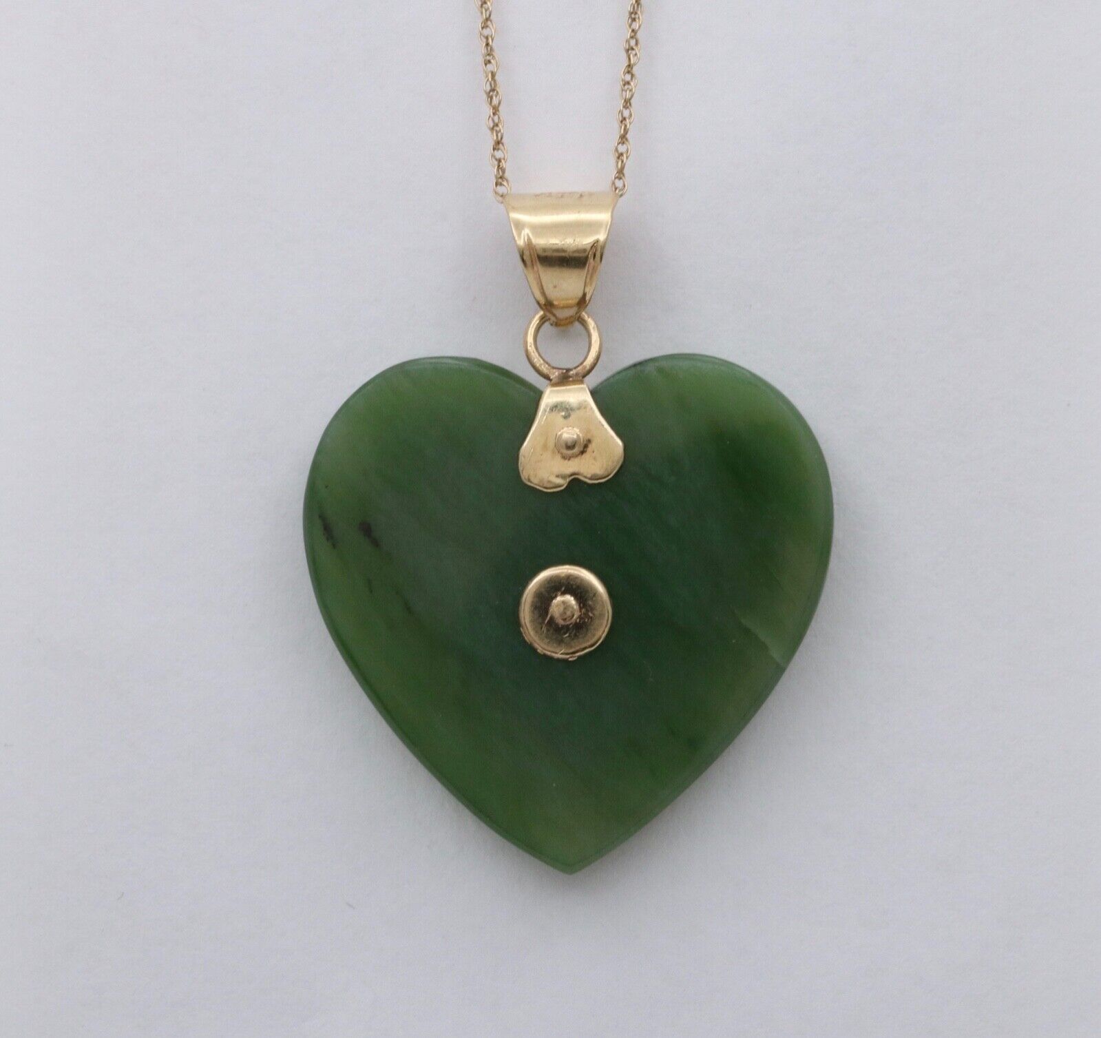 Vintage 14K Yellow Gold “LOVE” in Chinese Letter Jadite Jade Heart Pendant