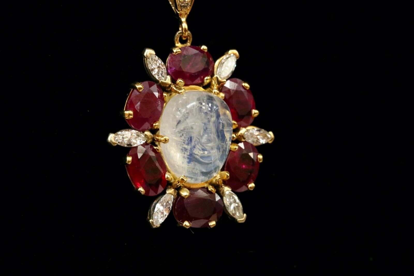 Vintage Man on the Moon Moonstone Rubies Diamonds Gold Over Silver Pendant